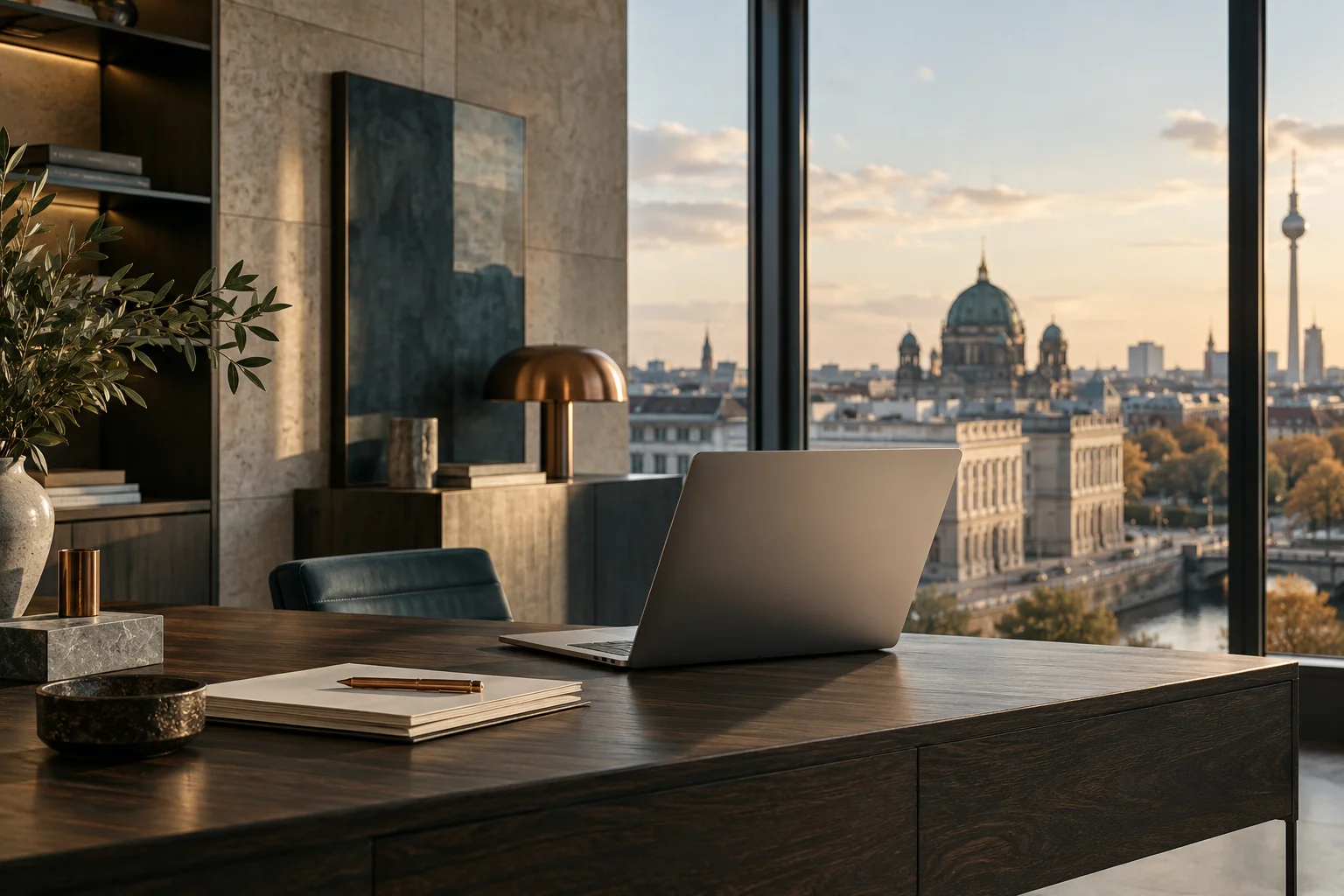 Stilvolle digitale Arbeitswelt mit Laptop, Holz und warmem Tageslicht – symbolisches Motiv