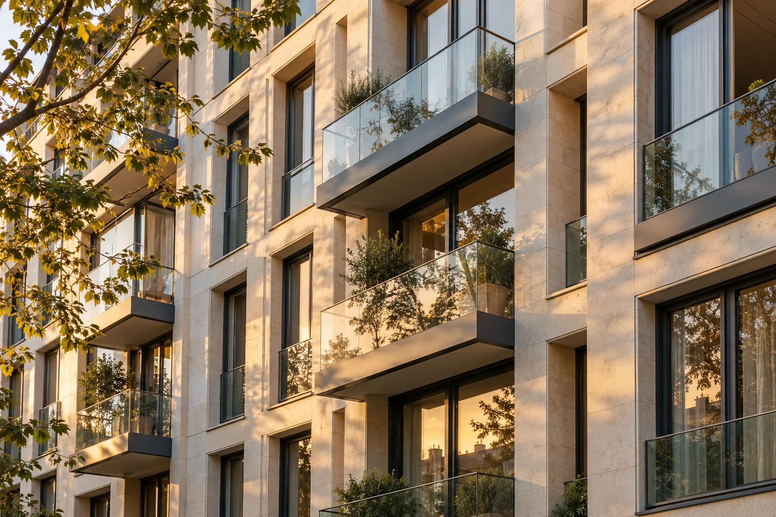 Geometrisch gegliederte moderne Wohnfassade im warmen Licht – symbolisches Immobilienmotiv
